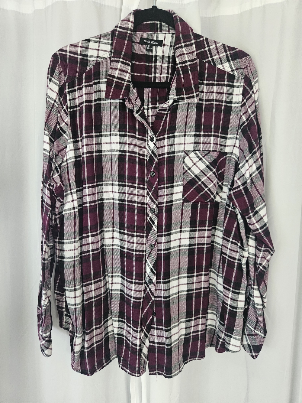 Well Worn Women's Plum and White Plaid Button-Down Shirt - XL